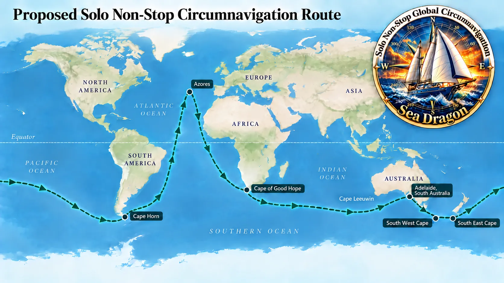 World map showing the proposed route: Adelaide east under Tasmania, across the Pacific to Cape Horn, north up the Atlantic to the Azores, south to the Cape of Good Hope, across the Indian Ocean to Cape Leeuwin, then home to Adelaide