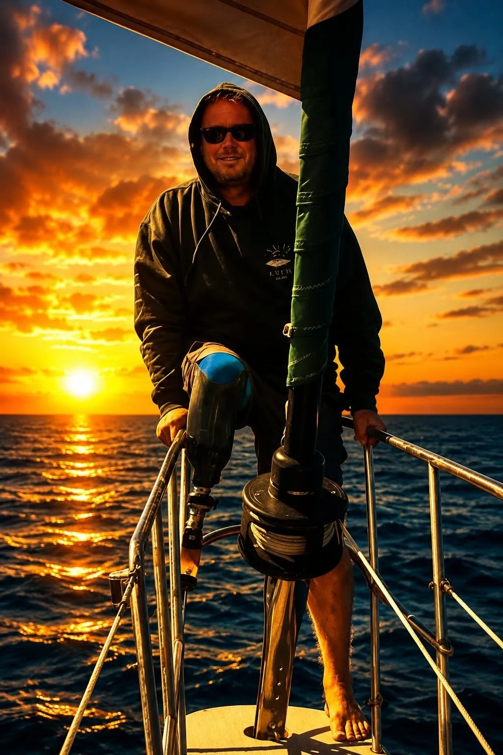 Tim Whitrow standing on Sea Dragon's bow at sunset, his prosthetic leg braced on the pulpit