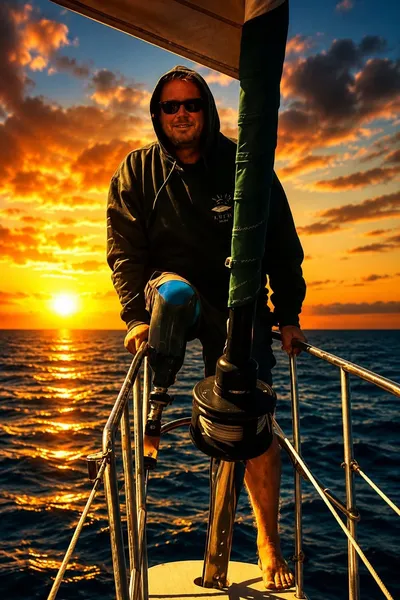 Tim on the bow of Sea Dragon at sunset, prosthetic leg on the pulpit