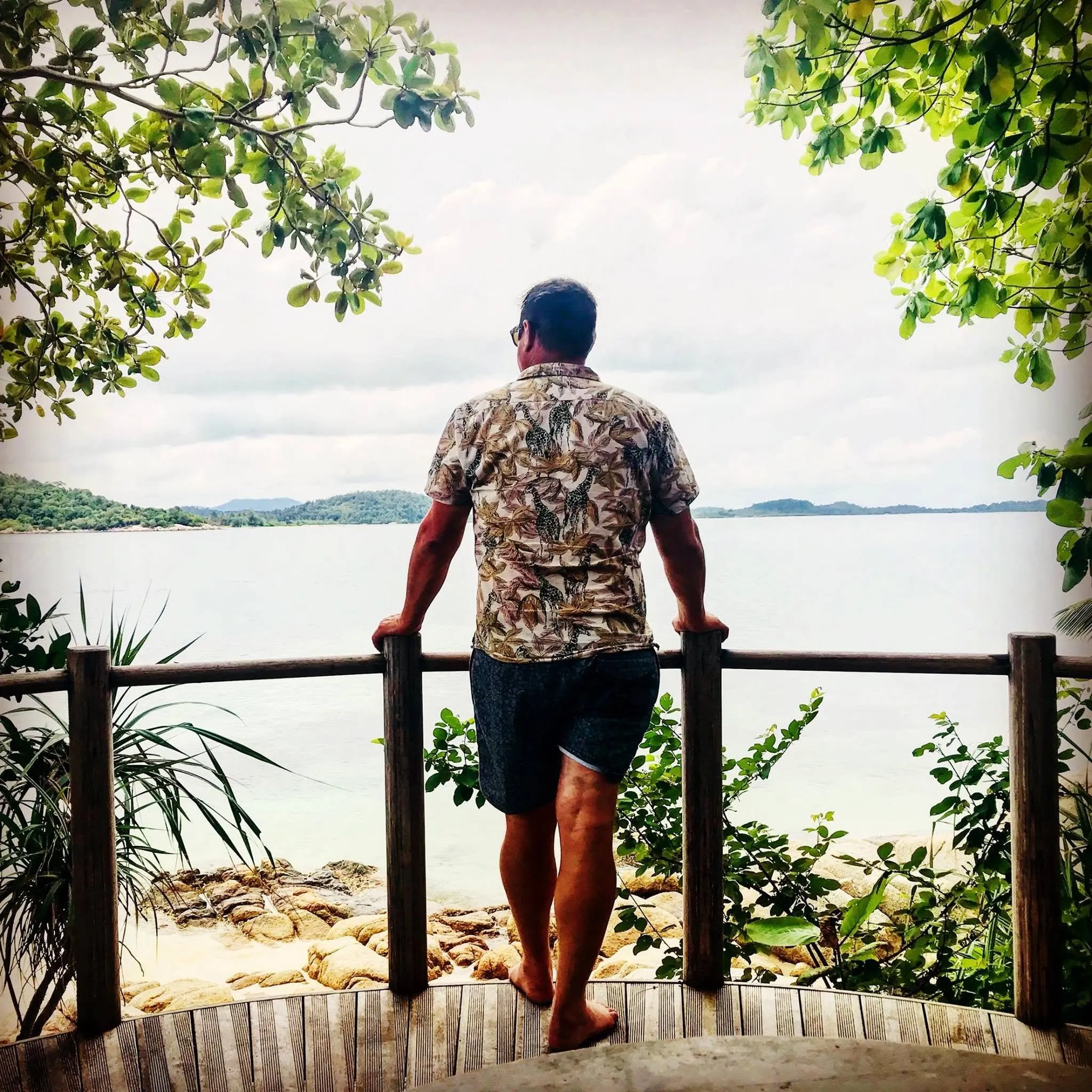 Tim looking out over a tropical bay from a timber lookout