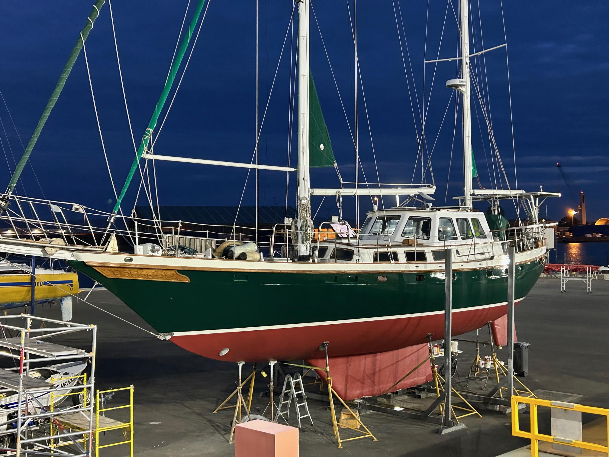Sea Dragon on the hardstand at dusk in her new racing-green paint